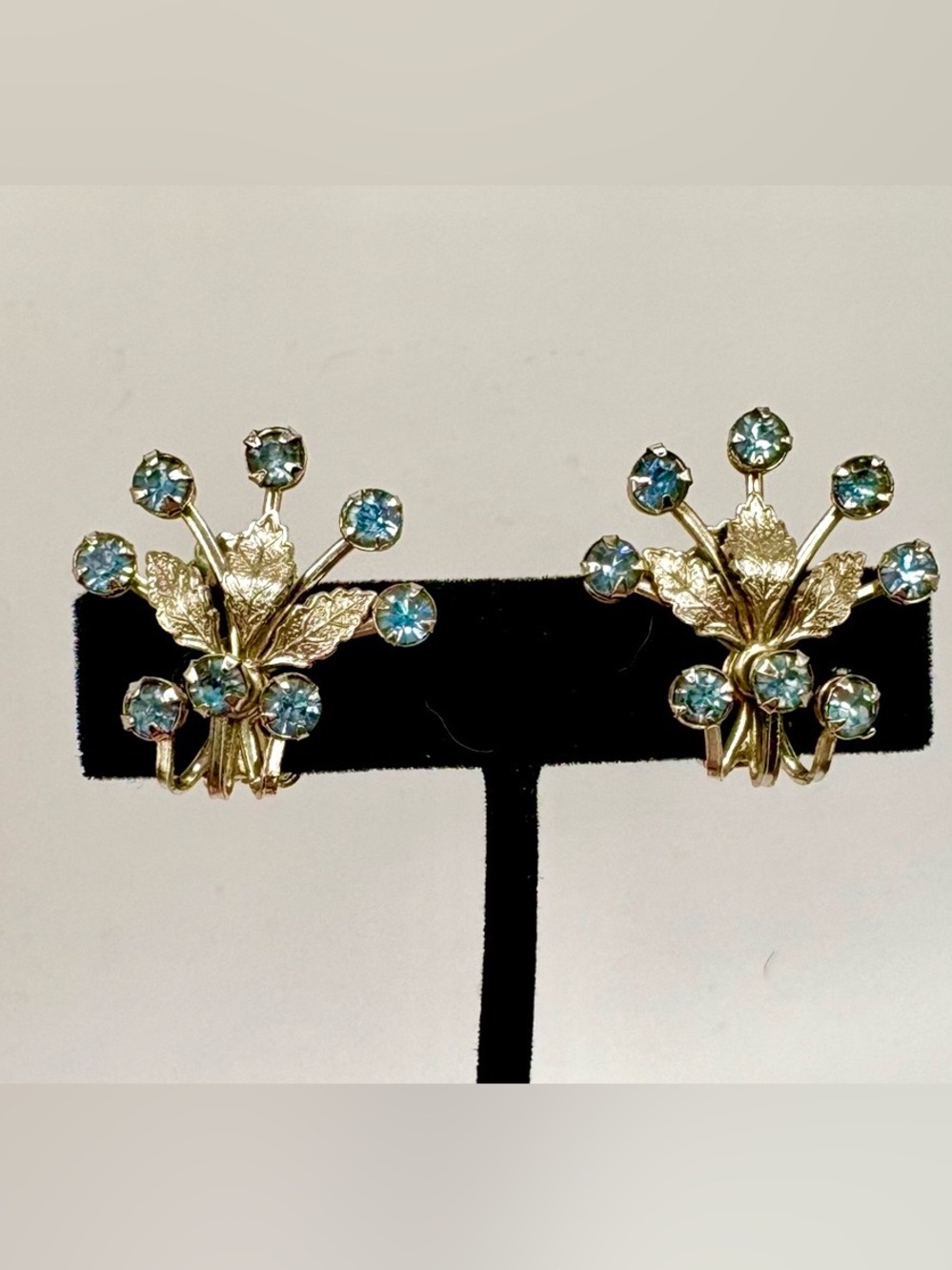 Vintage 1950s Aqua Rhinestone Floral Spray Clip On Earrings Mid Century